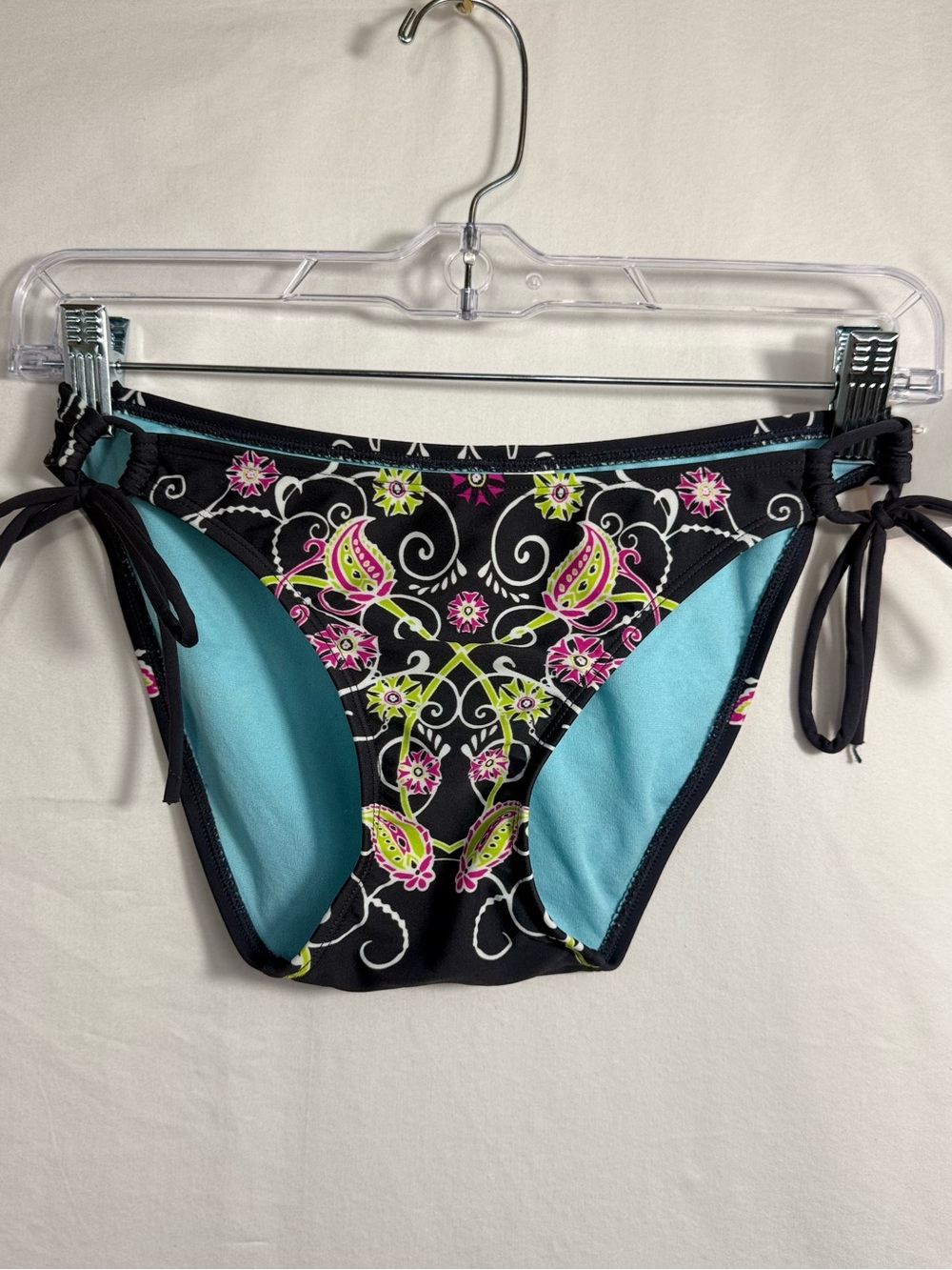 Athleta Black Floral Paisley Tie-Side Bikini Bottom with Aqua Accents